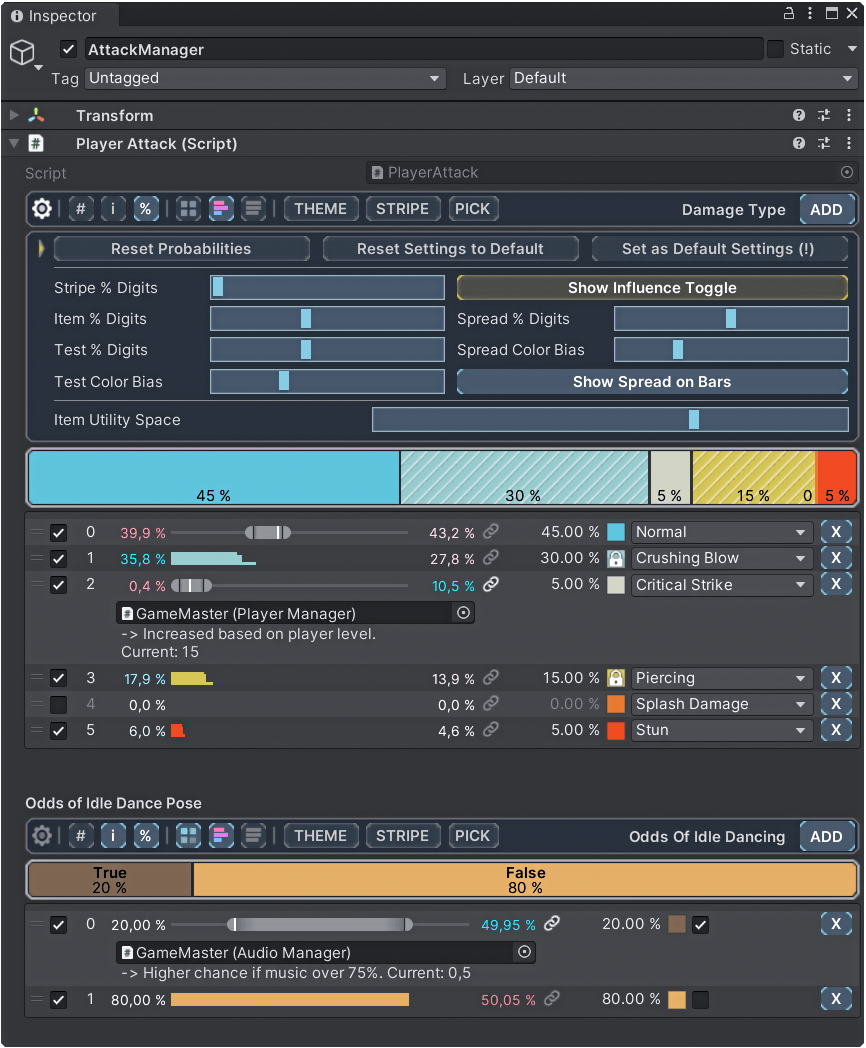 RNGNeeds advanced inspector showing damage types with influence providers and probability spread