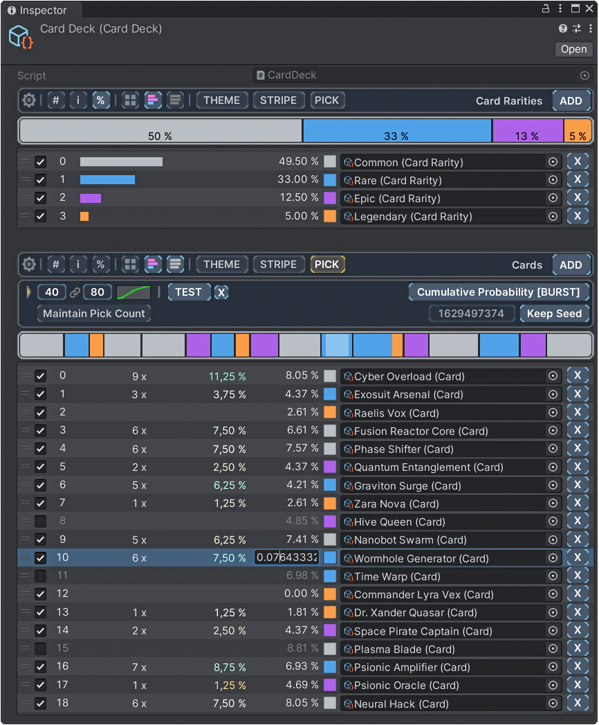 RNGNeeds card deck inspector showing card rarities and individual cards with pick testing