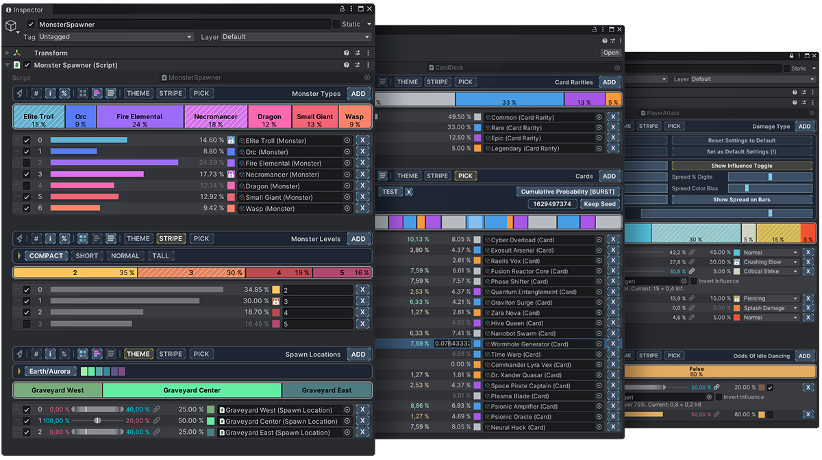 RNGNeeds Inspector overview showing Monster Spawner with probability stripes for monster types, levels, and spawn locations